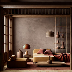 Tranquil elegance in a Japanese inspired interior. 3D illustration