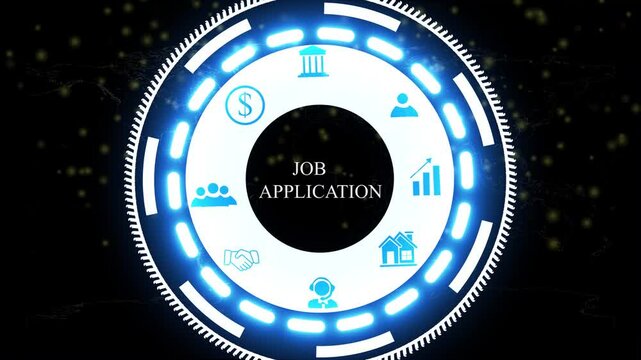 A Job Application button on a clear projection .Blue wave digital data flow. Seamless loop technology network background concept . Futuristic digital technology animated background concept.