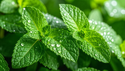 Macro shot of peppermint leaves in natural light, dewdrops visible on leaf surface