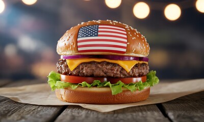 American Flag Burger Delicious Gourmet USA Patriotic Symbol Graphic
