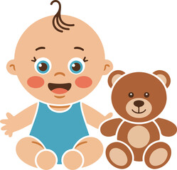 Fototapeta premium Playful Baby and Teddy Bear vector isolated transparent