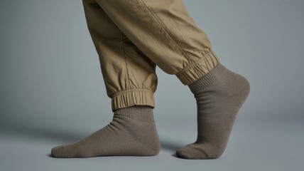 Side view of person wearing elastic cuffed pants and brown socks