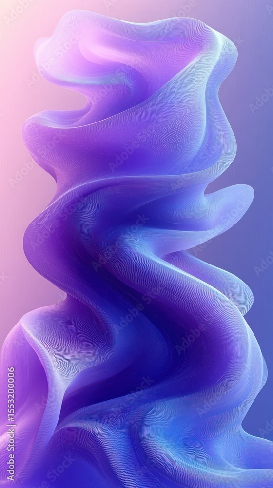 Poster abstract fluid sculpture with smooth, flowing curves in shades of purple and blue, creating an ether