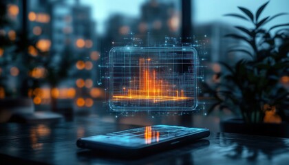 Modern smartphone on a table displaying a holographic digital graph with orange data spikes and blue grid lines in a dim indoor setting with blurred lights and plants outside the window