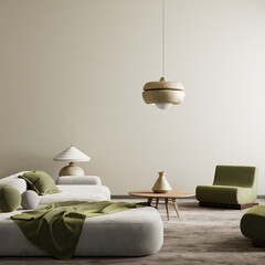 Modern and tranquil living room with green accents. 3D illustration