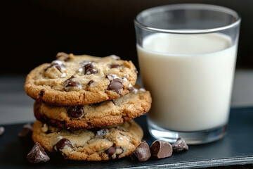 stack of cookies and glass of milk on black table