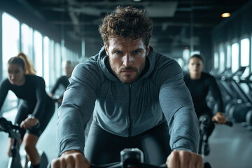  sporty man exercising on exercise bike in gym