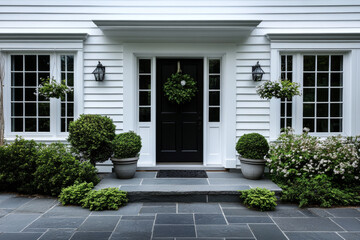 entrance door of a white wooden private house with plants