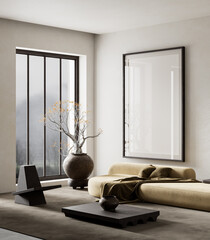 Modern living room harmony with neutral tones. 3D illustration