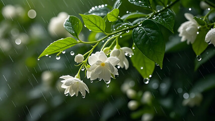 Fresh White Jasmine Flower with Dewdrops, Green Leaves Background