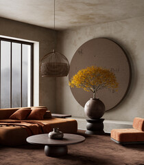 A calm living room with earthy tones and natural textures. 3D illustration