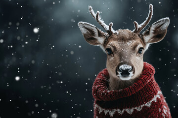 portrait of cute reindeer in knitted christmas sweater with copy space for text