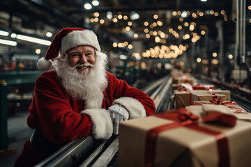 Santa Claus posing near the conveyor belt with christmas gifts