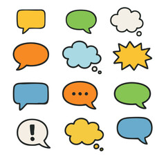 Colorful speech bubbles and thought clouds in various shapes and sizes, expressing different emotions and ideas in playful style