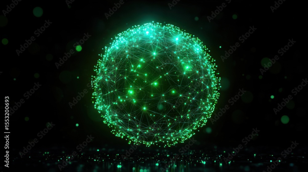 Poster glowing green digital sphere composed of interconnected points and lines floating in dark space
