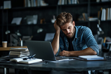 stressed male student studying with laptop and books