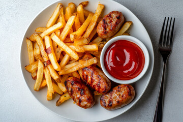 top view of french fries with sausages and ketchup in the white plate on the white table background