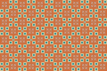 Fototapeta premium A geometric pattern with small floral motifs on a brick-orange background, featuring turquoise squares and cream-outlined squares, creating an elegant and intricate design.