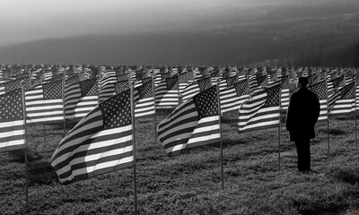 American Flag Field Veteran Day Memorial Remembrance Black and White