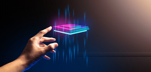 hand of businessman interactive touching a holographic of transaction financial network data...