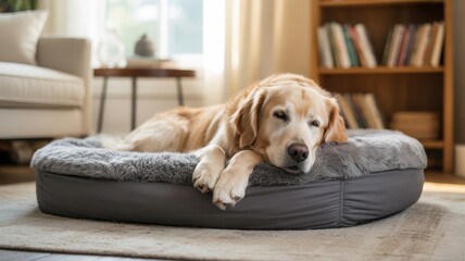 Golden retriever relaxing on cozy grey dog bed in sunlit living room