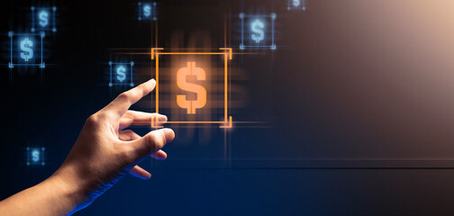 hand of businessman interactive touching a holographic of transaction financial network data...