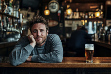 happy handsome man drinking beer in the pub with copy space