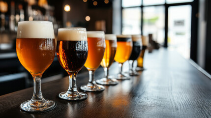 many glasses of beer on the table in the bar