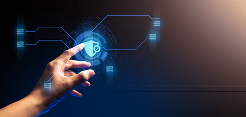 hand of businessman interactive touching a holographic of transaction financial network data...
