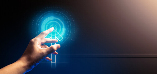 hand of businessman interactive touching a holographic of transaction financial network data...
