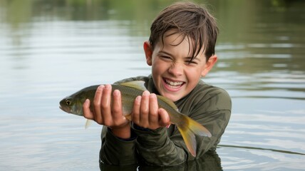 Happy caucasian male child joyfully holding fish in lake