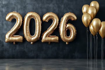 numbers "2026" made by golden inflatable letters with golden balloons