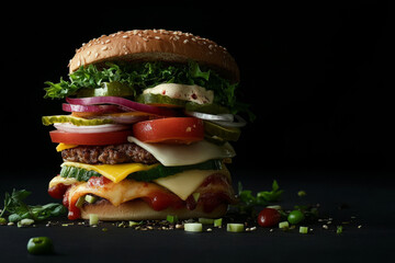 tall hamburger with lots of ingredients with copy space