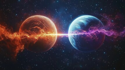 Obraz premium Two contrasting planets connected by a vibrant, electrifying energy beam in outer space surrounded by stars and cosmic dust