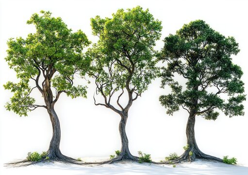 Three green leafy trees with twisted trunks standing on a white background with slight ground shadows