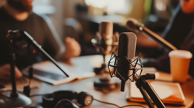Podcasters setting up microphones and scripts in a collaborative session (1)