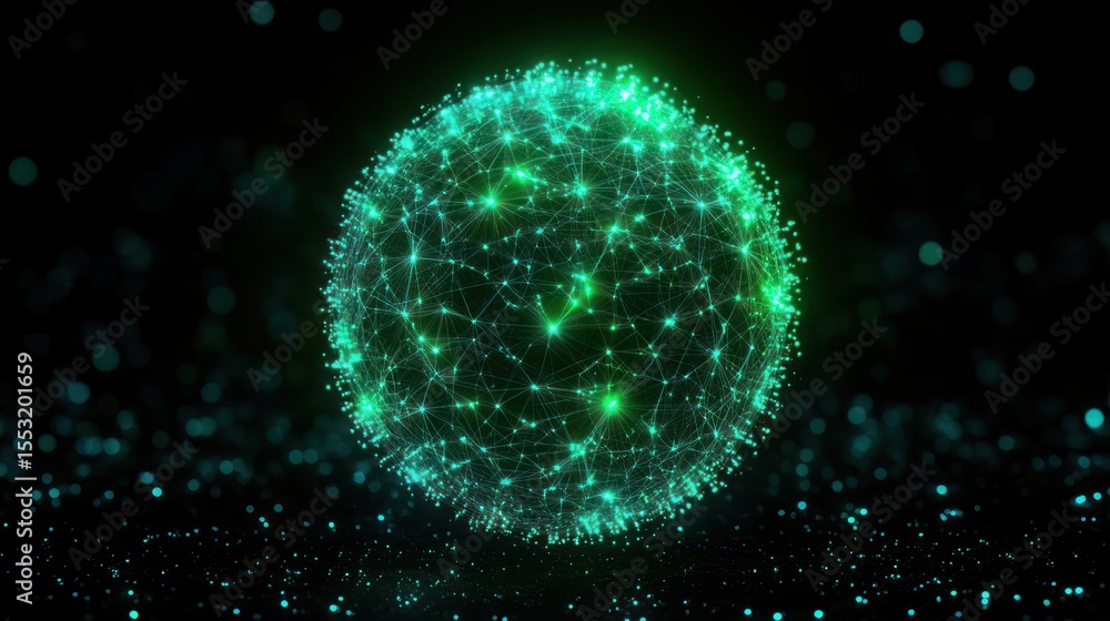 Poster glowing spherical network made of interconnected bright nodes and lines with a sparkling digital eff