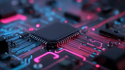 Obraz premium Close up view of a dark circuit board with neon pink and blue futuristic lighting, digital technology concept. .