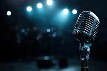 concert microphone on the stage in light and spotlights on the background