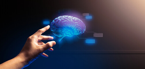 hand of businessman interactive touching a holographic of transaction financial network data...