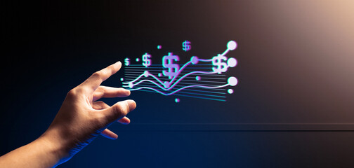 hand of businessman interactive touching a holographic of transaction financial network data...