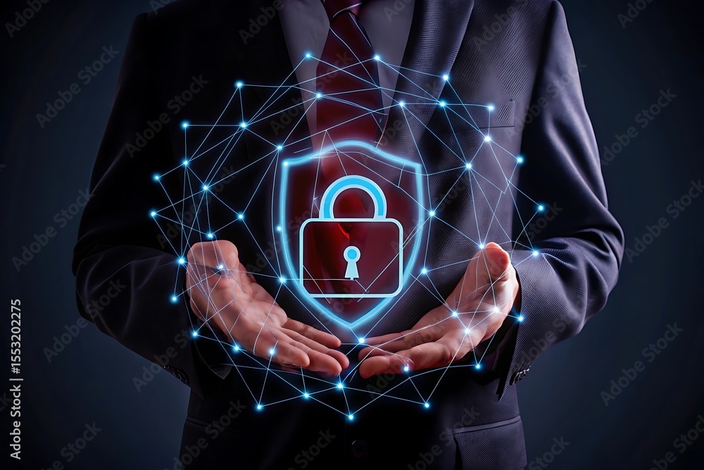 Poster cyber ​​security technology protects and safeguards computers, storing digital documents with passwo