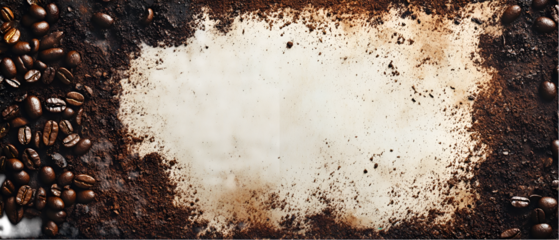 Dark roasted coffee beans and grounds frame a textured light background, perfect for food and beverage themes, transparent background