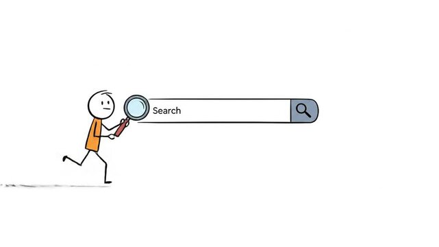 Stick figure searching online using magnifying glass illustration