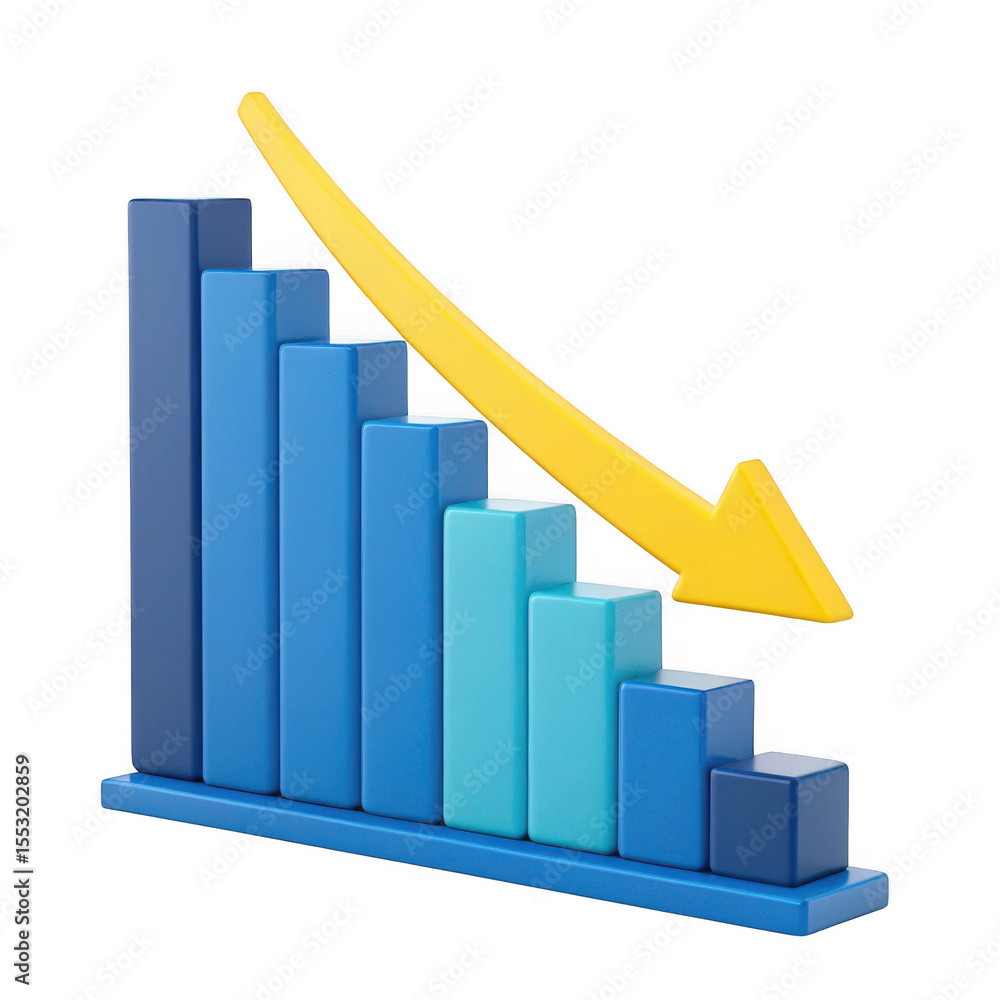 Poster 3d decreasing bar chart with yellow arrow isolated on transparent background