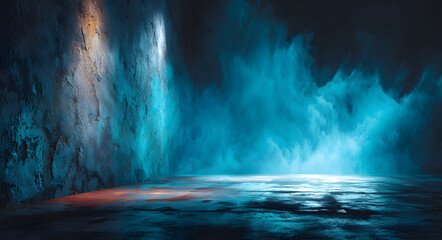 Naklejka premium An abstract background with a dark wall and a smoky concrete floor illuminated by blue.