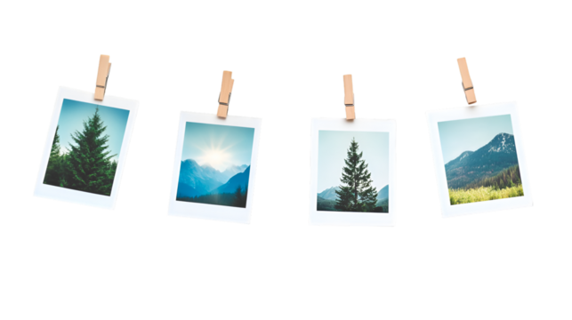 Mountain snapshots hang by clothespins, showcasing nature scenes of evergreens and scenic landscapes on a transparent background.