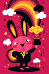 Fototapeta premium Charming Cartoon Rabbit Magician with Colorful Rainbow and Whimsical Clouds