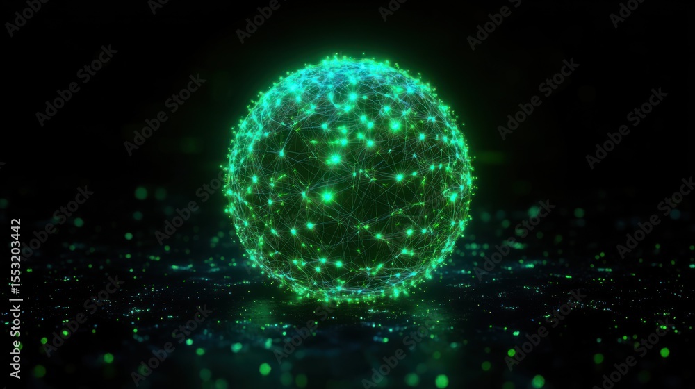 Poster glowing neon green sphere made of interconnected points and lines floating above a dark reflective s
