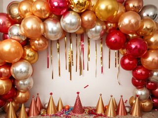 Fototapeta premium Festive party decoration with balloons, streamers, and party hats against a white wall backdrop scene